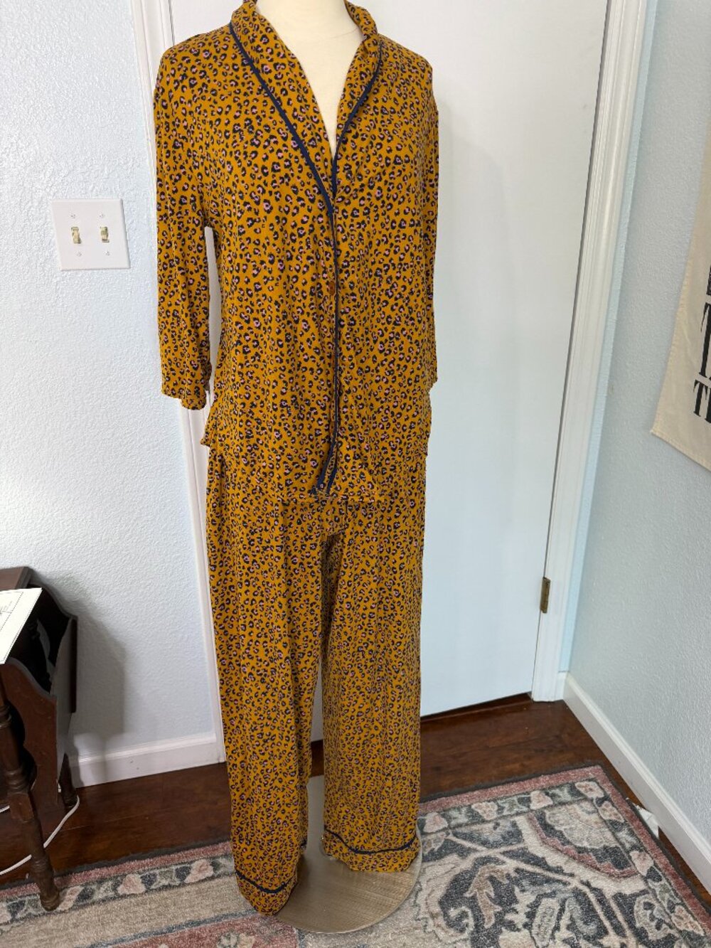 Room Service S/P Mustard Leopard Print Pajama Set Button Up Pants